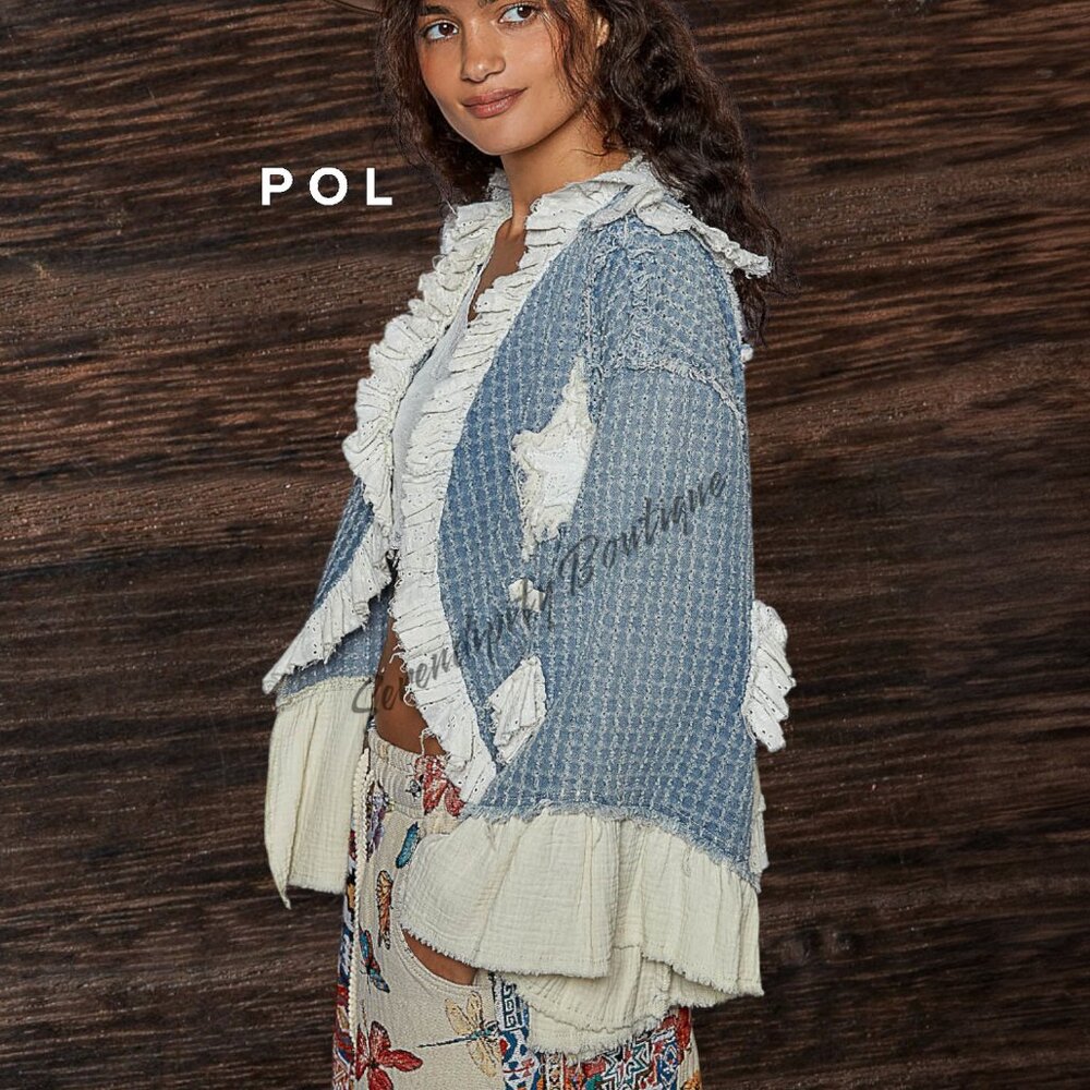 POL Hippie Bohemian Ruffles Denim Stars & Moon Patches Denim Jean Jacket - Picture 2 of 13
